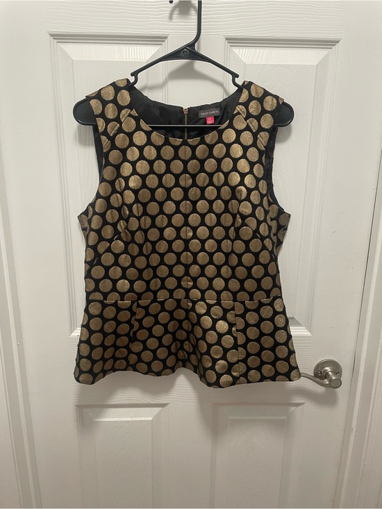 Vince Camuto Tops - Vince Camuto Sleeveless Black and Gold Polka Dot Peplum Top